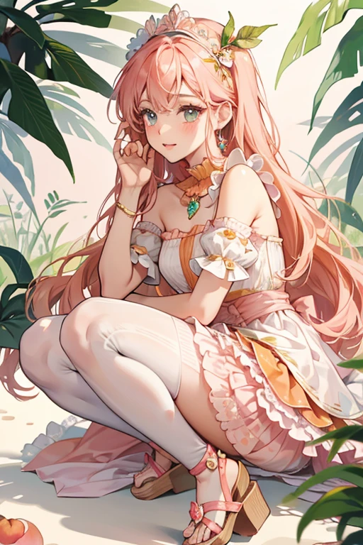  She has white skin, coral red eyes, rosy cheeks, long pointy ears, and light red hair .  She has white skin, coral red eyes, rosy cheeks, long pointy ears, and light red hair . Lip wears a pink sleeveless dress with triangle skirt flairs and a green back ribbon. She does not wear stockings and only wears green fairy shoes on her feet. She wears no hat but has a set of flower decors on her hair and two under each ears. Her pigtails are tied together with green leaves. She has pink flower earrings on her ears.  SPARKLE; GLITTER