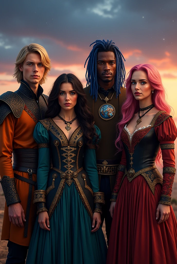 Make 4 people a young blonde man with medium hair,and make a woman similar to Lily Collins, and a man with blue dreadlocks, with demonic symbol marks, and a slightly chubby woman with pink fluffy hair, make them in black and orange medieval-style clothing, with a planet logo badge 