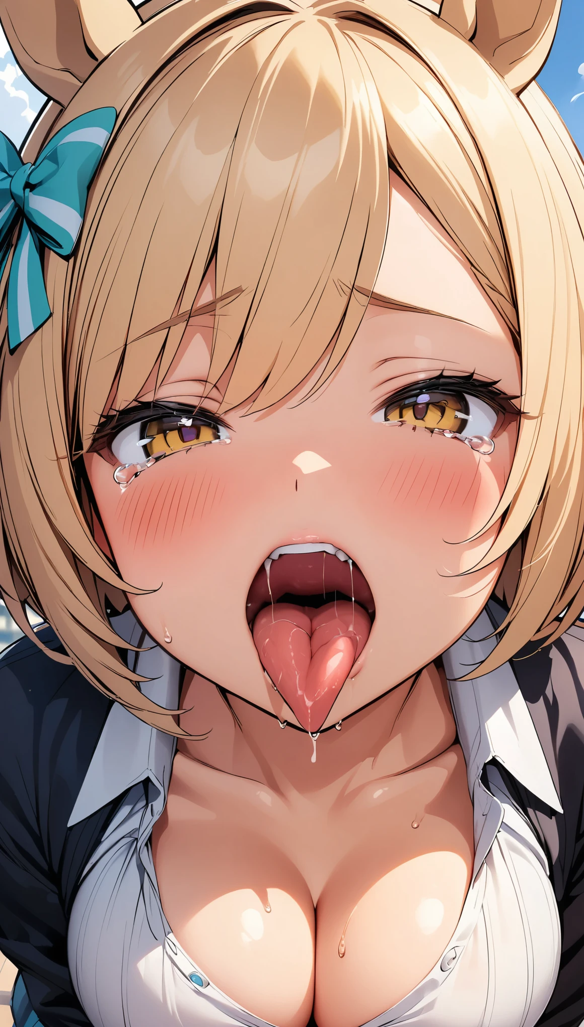 [1girl, little cocon \(umamusume\), umamusume], beautiful detailed eyes, yellow eyes,(tareme), (half-closed eyes), (opened big mouth, licking, Sticky tongue), nsfw, (close-up mouth), (curvy, Slender),(cleavage), from above, Highest quality, Super detailed, masterpiece, Ultra-high resolution, 8k, Embarrassing, blush, Lovely, (With tears in her eyes and her mouth open), Sticky saliva