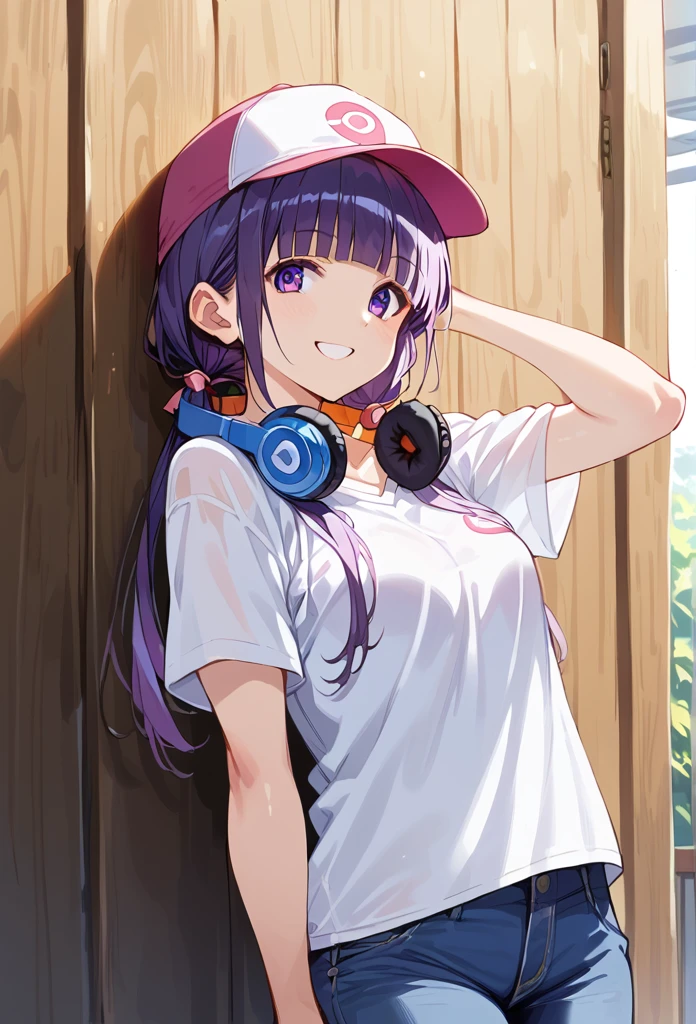 score_9, score_8_up, score_7_up, masterpiece, best quality, absurdres, 8k wallpaper, source_anime, uncensored, anime artwork, anime style, anime coloring, studio anime, megami magazine,
BREAK 1girl, solo, nogizaka, pose, smile,
cap, white t-shirt, jeans, headphones around neck,pale purple hair,low-twintails,blunt bangs,green,eyes
shiny skin, detailed skin, detailed face, detailed eyes,
cowboy shot, wooden wall,,