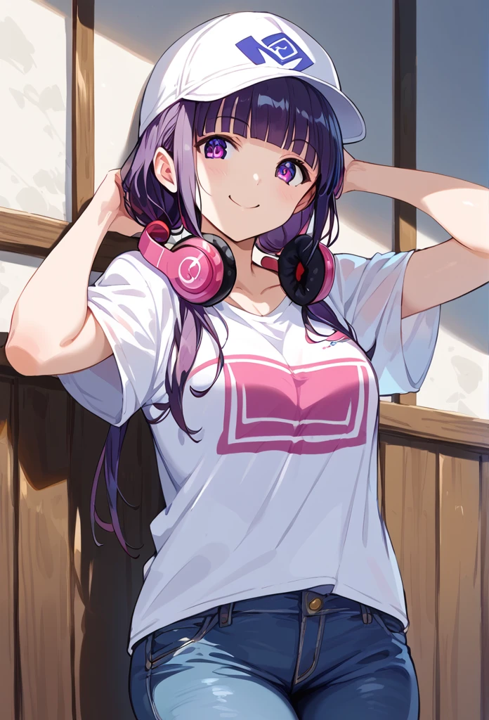 score_9, score_8_up, score_7_up, masterpiece, best quality, absurdres, 8k wallpaper, source_anime, uncensored, anime artwork, anime style, anime coloring, studio anime, megami magazine,
BREAK 1girl, solo, nogizaka, pose, smile,
cap, white t-shirt, jeans, headphones around neck,pale purple hair,low-twintails,blunt bangs,green,eyes
shiny skin, detailed skin, detailed face, detailed eyes,
cowboy shot, wooden wall,,
