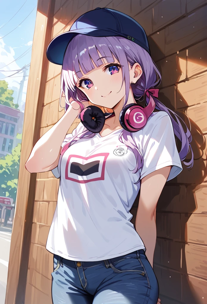 score_9, score_8_up, score_7_up, masterpiece, best quality, absurdres, 8k wallpaper, source_anime, uncensored, anime artwork, anime style, anime coloring, studio anime, megami magazine,
BREAK 1girl, solo, nogizaka, pose, smile,
cap, white t-shirt, jeans, headphones around neck,pale purple hair,low-twintails,blunt bangs,green,eyes
shiny skin, detailed skin, detailed face, detailed eyes,
cowboy shot, wooden wall,,