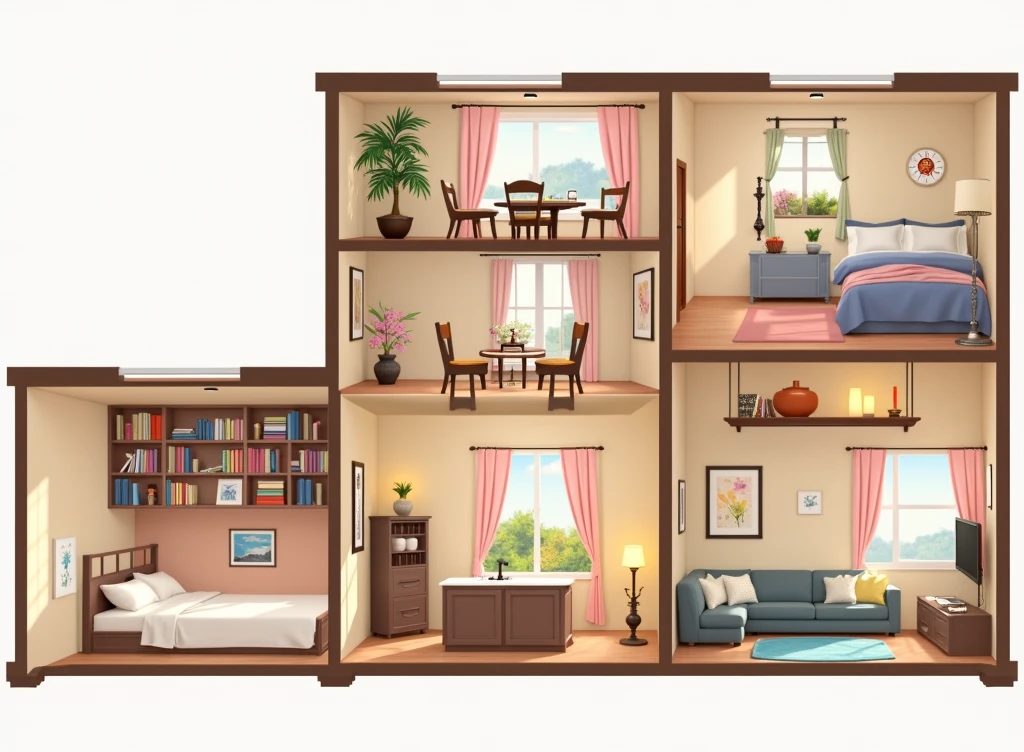 a house with three floors on the first floor a kitchen, a dining room and a living room, On the second floor there are 3 bedrooms each with its own bathroom and a living room with a bathroom and finally on the top floor a balcony with a study area with books and a lamp.