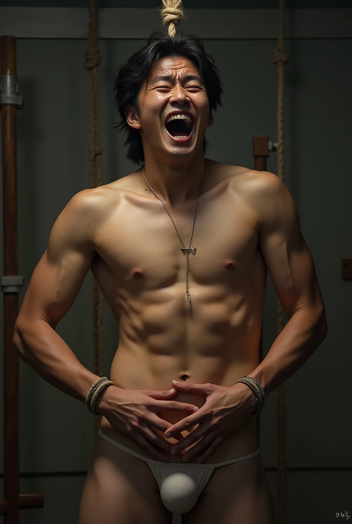 (Photorealistic:1.2、Highest quality、8k)、(Beautiful 18 year old boy、Man with beautiful face、Face enduring severe pain、Crying with a big mouth open )、Sexual charm、Rape、sexual torture、Sexually attractive、Crushing a man's crotch、Big penis、Grabbing the man's crotch hard、Grab the crotch、Erotic photos、Scream in pain、Sexy posture、A boy is hanging from the ceiling with his arms tied with a rough rope、Sweat、The rope bound his body、Wet body、Rough rope digging into crotch、、One leg is suspended above by a rough rope、Tied up with rope、Tightly bound、My hands are tied、Feet dangling from shackles、Roppler biting his groin、A brutal lynching、Brutal Lynching、Severe pain、The man is a black-haired Japanese man.、A beautiful face like a woman、Handsome、Erotic Pose、The rope is digging into her crotch、Full nudity、I'm not wearing anything、The rope is tightening around the testicles、Okita Souji、Actor、Naked、muscle、(Sweat:1.2)、Fine skin、(Film lighting)、Bright light、The lighting is bright、dojo、、Stripped naked、、double eyelid、(Fascinating crotch)、((excited))、Six Pack Abs、Phimosis、