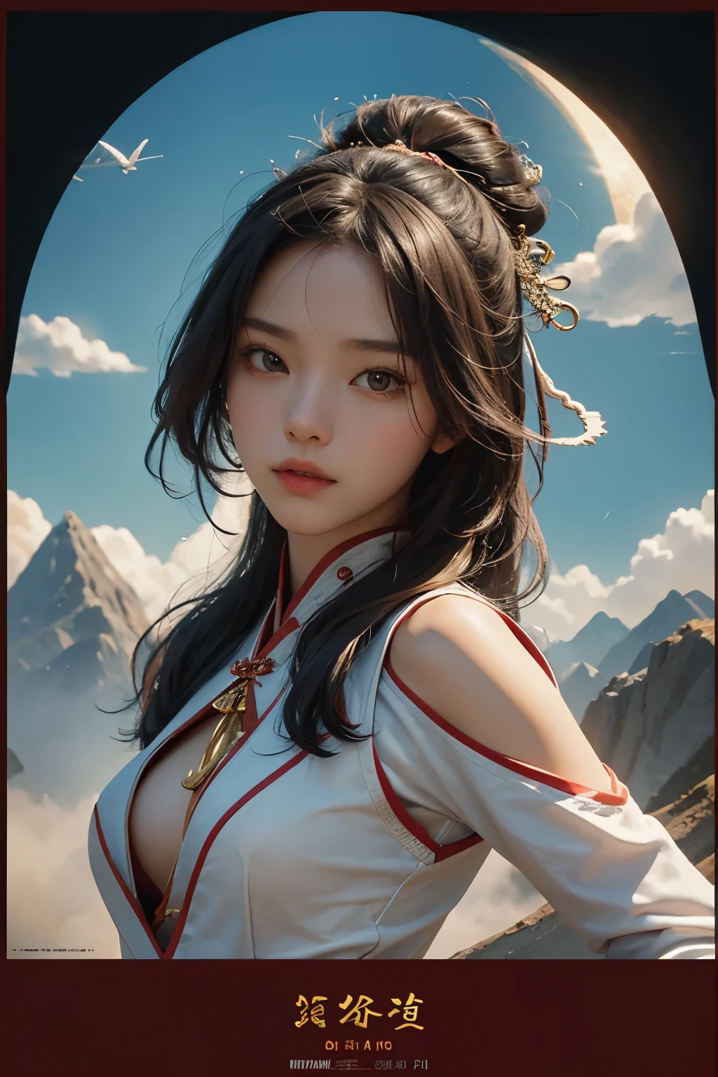 Close-up of poster of a person flying in the sky, Chinese martial arts movie promotional image,Animated Poster Movie Still Portrait, Multicolor fit piece,Promotional poster, very high budget movie, The girl is running,Super beautiful girl,A beautiful girl with a slim figure,Beautiful nipples,Small breasts,Flat boobs,