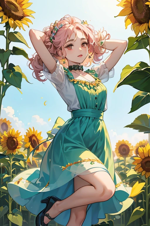 Sunny Meadows has a brown complexion with gold lips and pale pink eyes. Her short sea-foam hair curls inward on end, and she has a few curled locks on the top of her head adorned by two sunflowers, and her spiked bangs partially cover her forehead. She wears a teal dress with a sunflower skirt and collar to match her included shoes, and she also wears a pale pink necklace, bracelets, and tights. SPARKLE; GLITTER