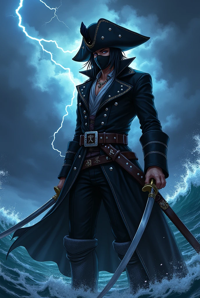 an anime pirate with 2 katanas, a black hat, a mask covering the black mouth, and a black overcoat
