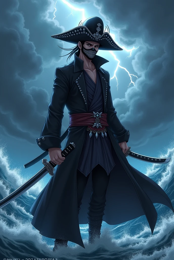 an anime pirate with 2 katanas, a black hat, a mask covering the black mouth, and a black overcoat