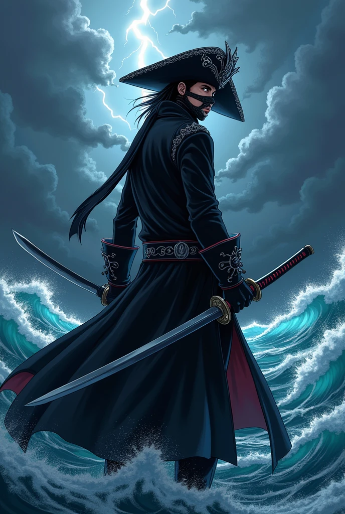 an anime pirate with 2 katanas, a black hat, a mask covering the black mouth, and a black overcoat