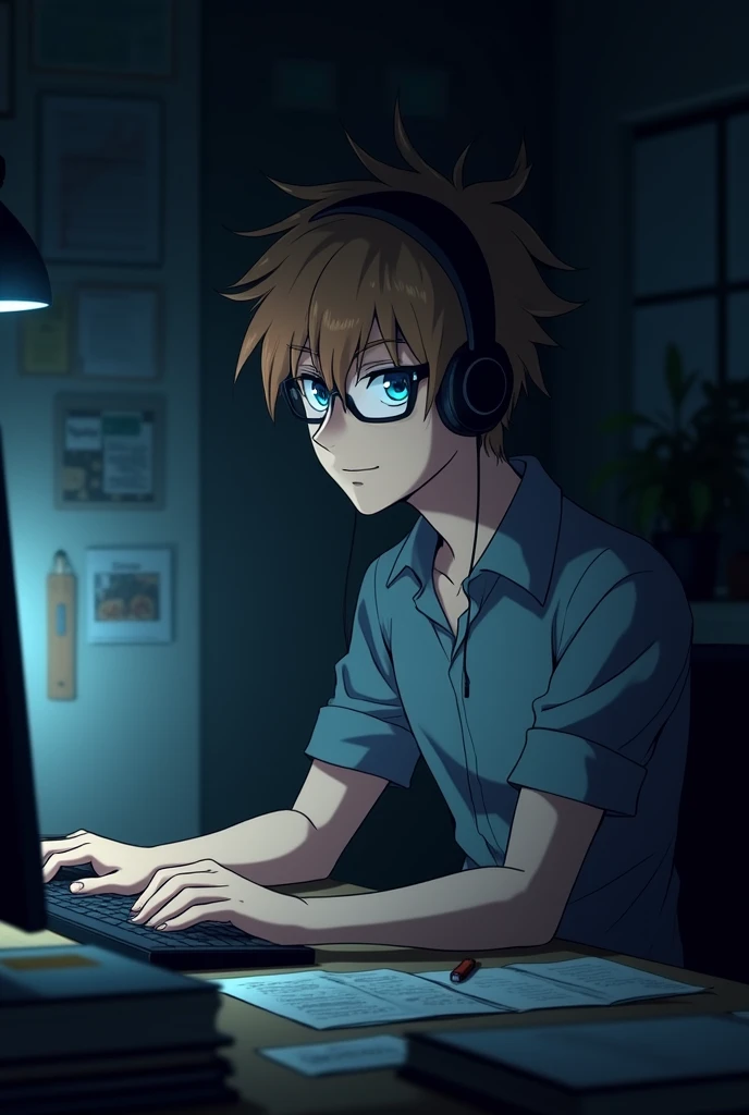 Chico is an anime character with brown hair, glasses, profiled nose, blue eyes, high, thin but with some muscle, sitting at a desk studying on a computer with headphones, serious, dark room