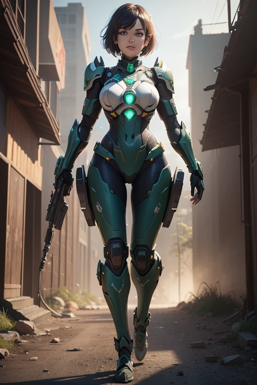 ((best quality)), ((Main Part)), (Very detailed: 1.3), ....3D, Shitu-mecha, whole body, 1 Beautiful woman, Smile, short hair, Wearing green mecha, (Standard snakeskin wick), (Claws on hands and feet), The ruins of a city from a forgotten war, Old Technology, HDR (High Dynamic Range), Ray Tracing, NVIDIA RTX, Super Resolution, Unreal 5, Subsurface scattering, PBR Textures, Post-Processing, Anisotropic filtering, Depth of Field, Maximum clarity and sharpness, Multi-layered textures, Albedo and Specular Maps, Surface Shading, Accurate simulation of light-material interaction, Perfect proportions, Octane Rendering, Two-tone lighting, Low ISO, White Balance, Rule of Thirds, Wide opening, 8K , High-efficiency sub-pixel, sub-pixel convolution, Glowing particles, Light Scattering, Tyndall Effect--Automatic