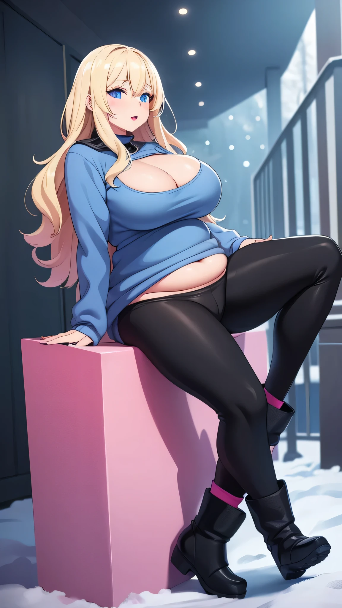 A beautiful sexy Russian girl with large breasts, beautiful long wavy blonde hair, blue eyes, bright pink lips. She is wearing a gray fleece blouse, overweight, black metallic pants, blue fleece socks and snow boots. 