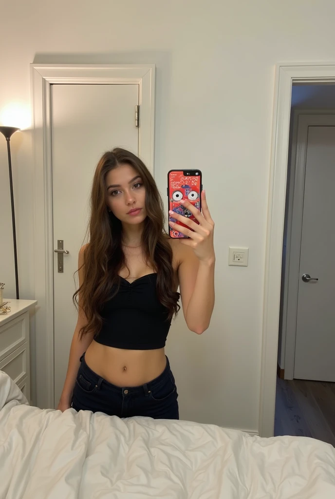 Beautiful 18 year old woman, Brown hair, 17 year old girl, sexy, very beautiful, perfect body, taking a photo with their cell phone, facing forward in their room 