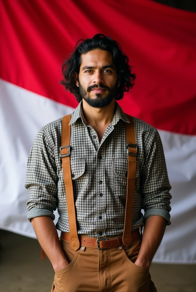 jewish man, black hair, masculine face, straight focus, farm outfit, in front of Indonesia flag, square photo