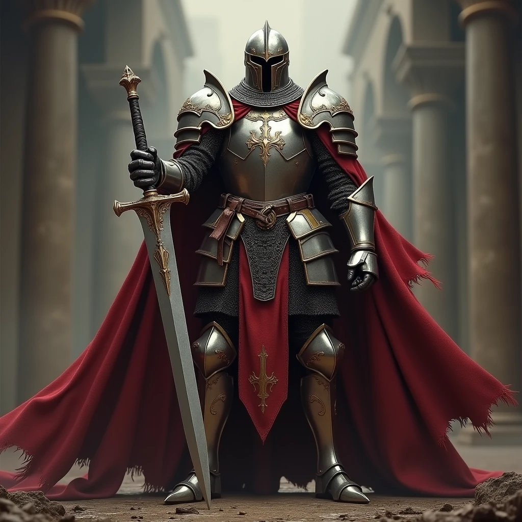 (Highest quality,4K,8k,High resolution,masterpiece:1.2),Very detailed,(Realistic,Realistic,Photorealistic:1.37),An armored warrior brandishing a sword,Full-body portrait of a mysterious knight, Wearing heavy armor,Sacred warrior wielding a legendary sword, Mythical warrior in full plate armor, Knight in sacred armor,Concept art of a glorious figure, crimson armor knight, Grand Paladin's armor, holy medieval knight, Full Body Shot.