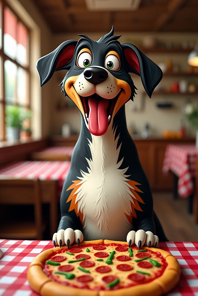 Logo for a pizzeria featuring a tall, skinny dog that looks silly and black with brown stripes and a white chest, wanting to eat pizza with its tongue out.