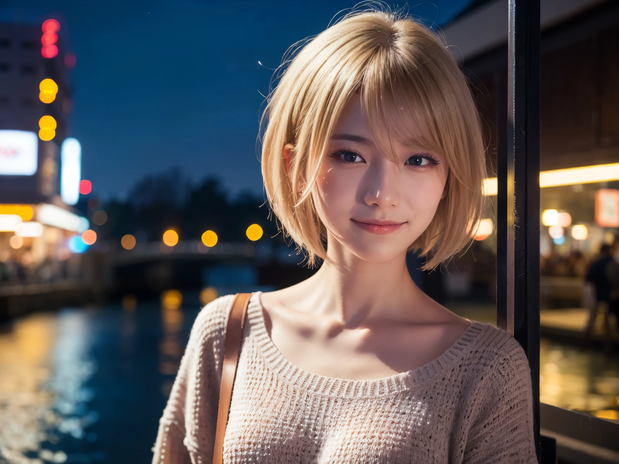 Japanese girl in casual clothes、Observe the audience、Tokyo cityscape at night、(highest quality、masterpiece)))、HD Fine、Very detailed、masterpiece、Cinema Lighting、(8k、highest quality、masterpiece:1.2)、(Realistic、Realistic:1.37) High resolution、Very detailed、Woman wearing glasses、A look of silence、Round Glasses、Asian, cute, cute顔, alone,Blonde Short Hair 1.2, Textured skin, Beautiful smile, Beautifully detailed night sky, Night view, Cinema Lighting, Written boundary depth, Lens flare light、date、(Blushing your nose)、、(Mouth closed)Small breasts、A beautiful eye for detail、(sweater:1.1)、(Blonde Short Hair:1.2)、Floating Hair Nova Frog Style、