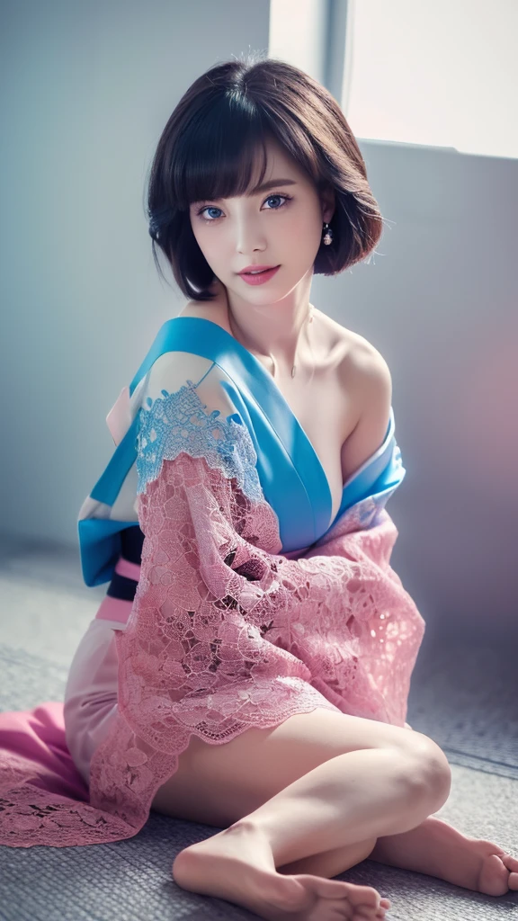 (RAW photo, best quality, masterpiece: 1.2), (photorealistic: 1.4), best lighting, 20 years old, (light black hair, short bob cut, hair in 7 thirds, hair over one ear, :1.15), (Symmetrical blue clear eyes, solo, medium breast, Detailed Skin, :1.2), ((Light gray walls and floor, photo studio, sitting on floor, sitting against the wall, pink and blue clear off the shoulder short length kimono,calças de seda, red lace choker, sorrindo, slender necklace, wearing black high heels, clean legs, cinematic lights, sensual look, from side))