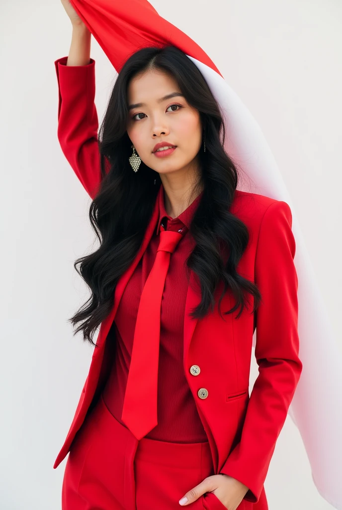 Female model, beauty, long hair, black hair, Earring, blazer red, shirt, tie red, hold the indonesian flag, white background