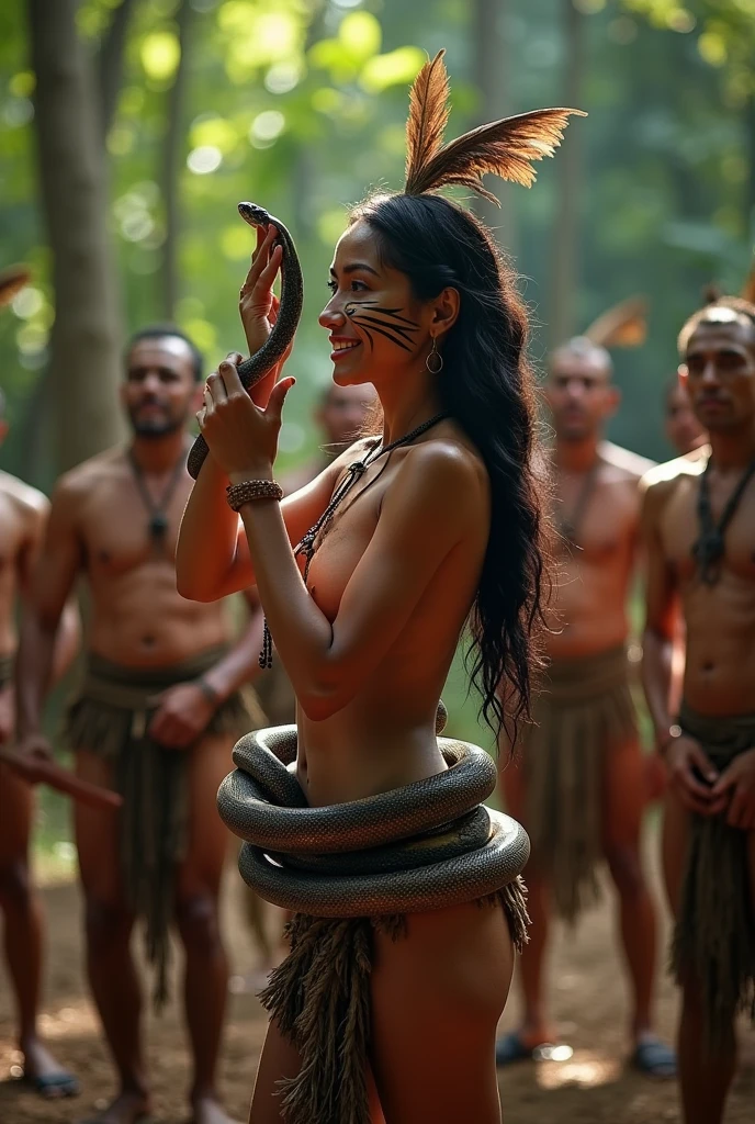 Magnificent detail, 8K Photos, hyper- realism, realistic background, visual depth, wide angle lens, all-body, 1 beautiful woman indigenous tupi guarani naked, covering the private parts with a snake. standing. barebody. Facial expression seduction, seducing smile. captivating stare. Indigenous facial painting. plume on head. Amazonian Brazil setting. brazilian forest. Spectacular beauty. Snake 3 meters. Woman holding the snake's head with her hand near her face. Woman looking at the snake's eye. Woman facing forward, looking at the photo. Snake coiled around the woman's body. Woman with a thin waist and a big butt. The woman is at the center of a circle formed by indigenous men, that they perform a sexual ritual. The woman exudes seduction. The ritual has controlled fire and percussion instruments
