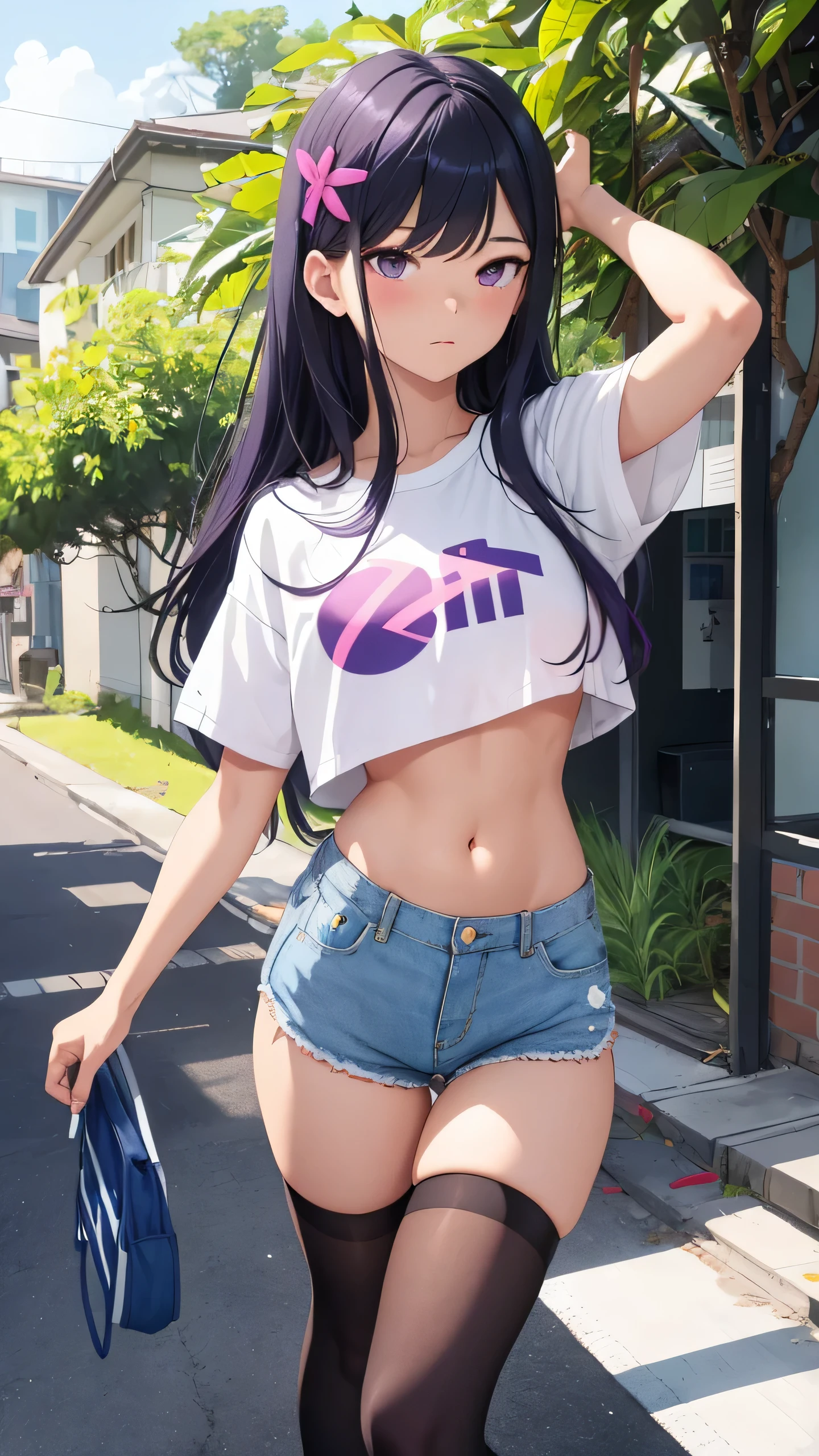 1girl, solo, ((Komi Shouko)), long hair, breasts, looking at viewer, blush, bangs, shirt, purple hair, hair ornament, thighhighs, navel, closed mouth, purple eyes, standing, full body, white shirt, short sleeves, thighs, outdoors, shoes, shorts, day, hairclip, midriff, black thighhighs, stomach, arm up, crop top, short shorts, white footwear, denim, sneakers, blue shorts, denim shorts, hand on own head, crop top overhang, cutoffs
