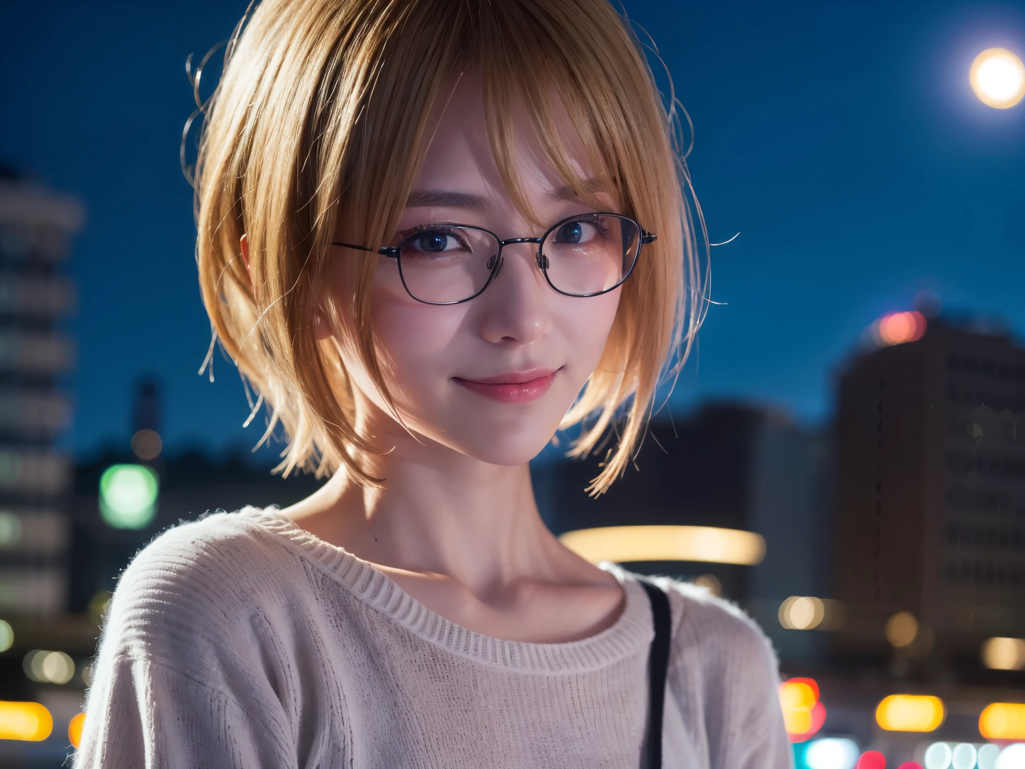 Japanese girl in casual clothes、Observe the audience、Tokyo cityscape at night、(highest quality、masterpiece)))、HD Fine、Very detailed、masterpiece、Cinema Lighting、(8k、highest quality、masterpiece:1.2)、(Realistic、Realistic:1.37) High resolution、Very detailed、Woman wearing glasses、A look of silence、Round Glasses、Asian, cute, cute顔, alone,Blonde Short Hair 1.2, Textured skin, Beautiful smile, Beautifully detailed night sky, Night view, Cinema Lighting, Written boundary depth, Lens flare light、date、(Blushing your nose)、、(Mouth closed)Small breasts、A beautiful eye for detail、(sweater:1.1)、(Blonde Short Hair:1.2)、Floating Hair Nova Frog Style、