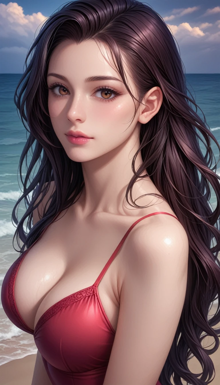 score_9, score_8_superior, score_7_superior, High-resolution CG illustration,A masterpiece in 32K resolution,Highest quality,it is really amazing,Very detailed,Ultra-high resolution,Ultra-realistic,Realistic,Increased depth of field,Cinematic lighting,
Sexy mature Japan woman,
Straight long hair with black hair,Showing his forehead,Ultra-detailed and beautiful face,Calm and gentle look,Beautiful brown eyes,Glossy, moisturized skin,Translucent white skin,Realistic skin texture,Great proportions,
Elegant red swimsuit,
Simple design,Chic color scheme based on red,Detailed fabric texture,
(Dark overcast sky on a dull night:1.1),(Dark clouds filling the sky:1.1),Thundercloud,Coastline at night,Stormy seas,delay々A desolate sandy beach that continues,
Beautiful cleavage,(High angle:1.1),