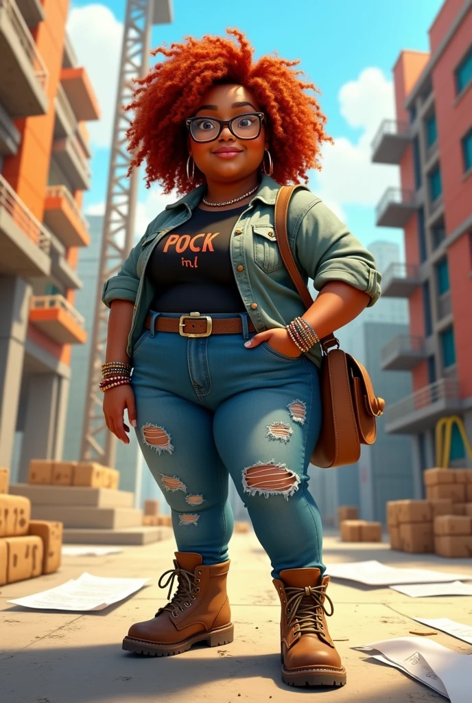 Very chubby and chubby female architect, with medium short curly copper red hair at shoulder length, brown skin, dark brown eyes and hipster glasses, with bracelets and nose piercing, with rockstar style bag, ripped denim jeans, wearing a black rock band t-shirt with an open canvas shirt over it and construction boots, construction stop, Disney Pixar Cartoon version