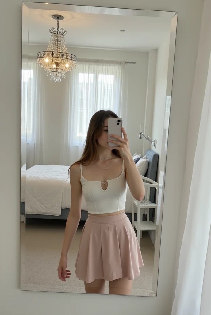 Beautiful 18 year old woman, Brown hair, In skirt, short clothes, taking a photo with their cell phone, facing forward in their room 