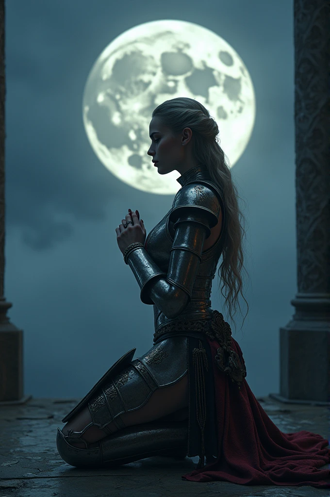 ((masterpiece, Highest quality, High resolution, Highly detailed CG integrated 8K wallpaper)), (Huge and stunning goddess shot, Very hot and sexy, Amazing beauty, Perfect Proportions, Beautiful body, Slim body beauty:1.3), Moonlight Confession, On the balcony of an old castle at night, A female knight is on one knee, gazing at you., Female knight in medieval armor, Squat down on one knee, I administer to you the knight's oath, A huge full moon in the background, Lighting from behind, She places her hand on her heart and speaks to you the knight's oath, Silver armor shining in the moonlight,(Front view, ultra detailed nordic eyes)), (((masterpiece, Giant , ))), photographrealism, High Contrast, photographRealist, photograph, masterpiece, Realist, realism, photographrealism, High Contrast, photographRealist digital art trend on Artstation 8k HD high definition detailed Realist, detailed, Skin Texture, hyperdetailed, Realist Skin Texture, Highest quality, ultra High resolution, (photographRealist: 1.4), High resolution, detailed, raw photograph, Sharp Fire, Kodak Portra 400 Camera F1 Lens.6 rich colors hyper Realist texture dramatic lighting irrealengine trend in artstation cinestill 800.