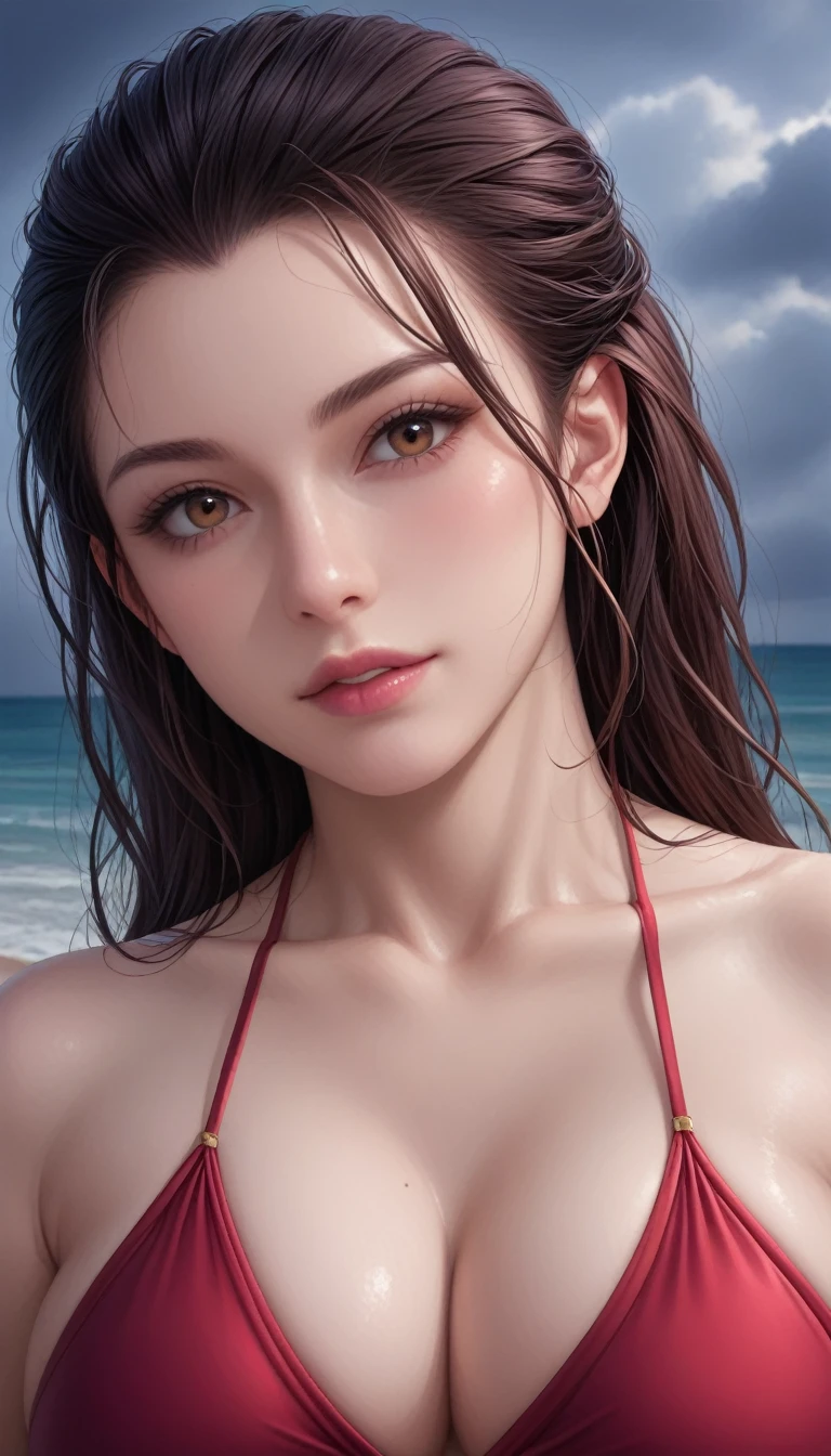 score_9, score_8_superior, score_7_superior, High-resolution CG illustration,A masterpiece in 32K resolution,Highest quality,it is really amazing,Very detailed,Ultra-high resolution,Ultra-realistic,Realistic,Increased depth of field,Cinematic lighting,
Sexy mature Japan woman,
Straight long hair with black hair,Showing his forehead,Ultra-detailed and beautiful face,Calm and gentle look,Beautiful brown eyes,Glossy, moisturized skin,Translucent white skin,Realistic skin texture,Great proportions,
Elegant red swimsuit,
Simple design,Chic color scheme based on red,Detailed fabric texture,
(Dark overcast sky on a dull night:1.1),(Dark clouds filling the sky:1.1),Thundercloud,Coastline at night,Stormy seas,delay々A desolate sandy beach that continues,
Beautiful cleavage,(High angle:1.1),