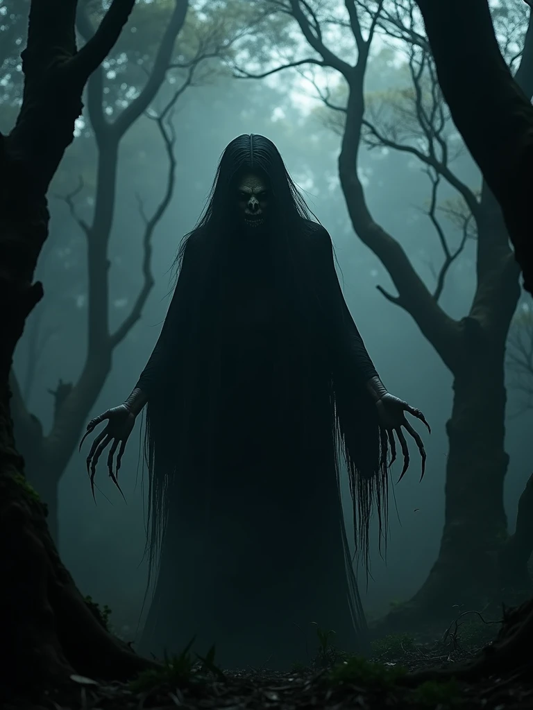 An eerie depiction of Matinta Perera, a terrifying witch from Amazonian folklore, floating in a dark and dense forest. She is hunched over, wearing tattered black robes that merge with the shadows around her. Her face is a haunting void, with glowing, piercing eyes that burn with malevolent intent. Long, bony fingers extend from her hands, sharp and menacing. The surrounding trees are twisted and bent, as if recoiling from her presence. A chilling, otherworldly aura envelops her as she prepares to unleash her curse. The scene is dark and ominous, filled with a sense of dread and supernatural horror.