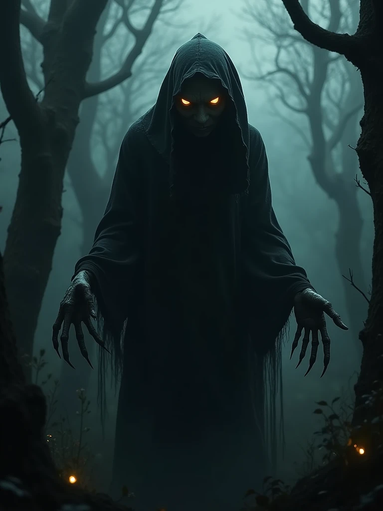 An eerie depiction of Matinta Perera, a terrifying witch from Amazonian folklore, floating in a dark and dense forest. She is hunched over, wearing tattered black robes that merge with the shadows around her. Her face is a haunting void, with glowing, piercing eyes that burn with malevolent intent. Long, bony fingers extend from her hands, sharp and menacing. The surrounding trees are twisted and bent, as if recoiling from her presence. A chilling, otherworldly aura envelops her as she prepares to unleash her curse. The scene is dark and ominous, filled with a sense of dread and supernatural horror.