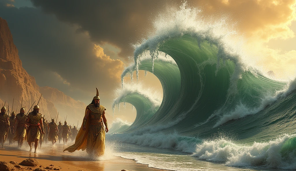 Scene showing Pharaoh and his army chasing the Israelites, but suddenly the waves come upon them and drown them. Showing Pharaoh struggling in the water before drowning