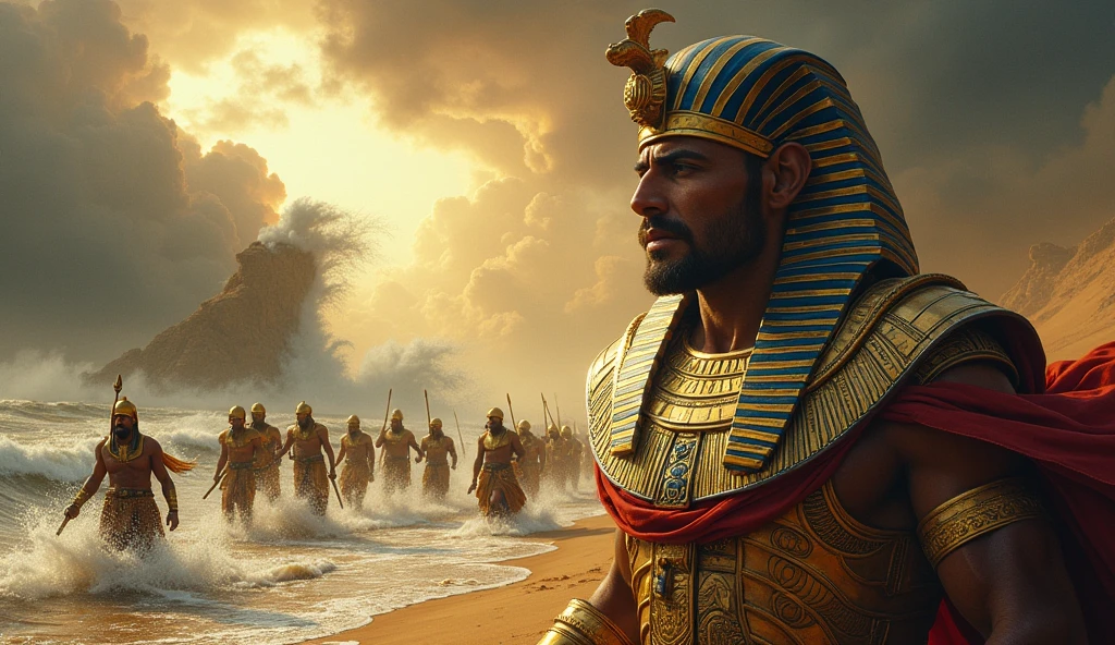 Scene showing Pharaoh and his army chasing the Israelites, but suddenly the waves come upon them and drown them. Showing Pharaoh struggling in the water before drowning

 