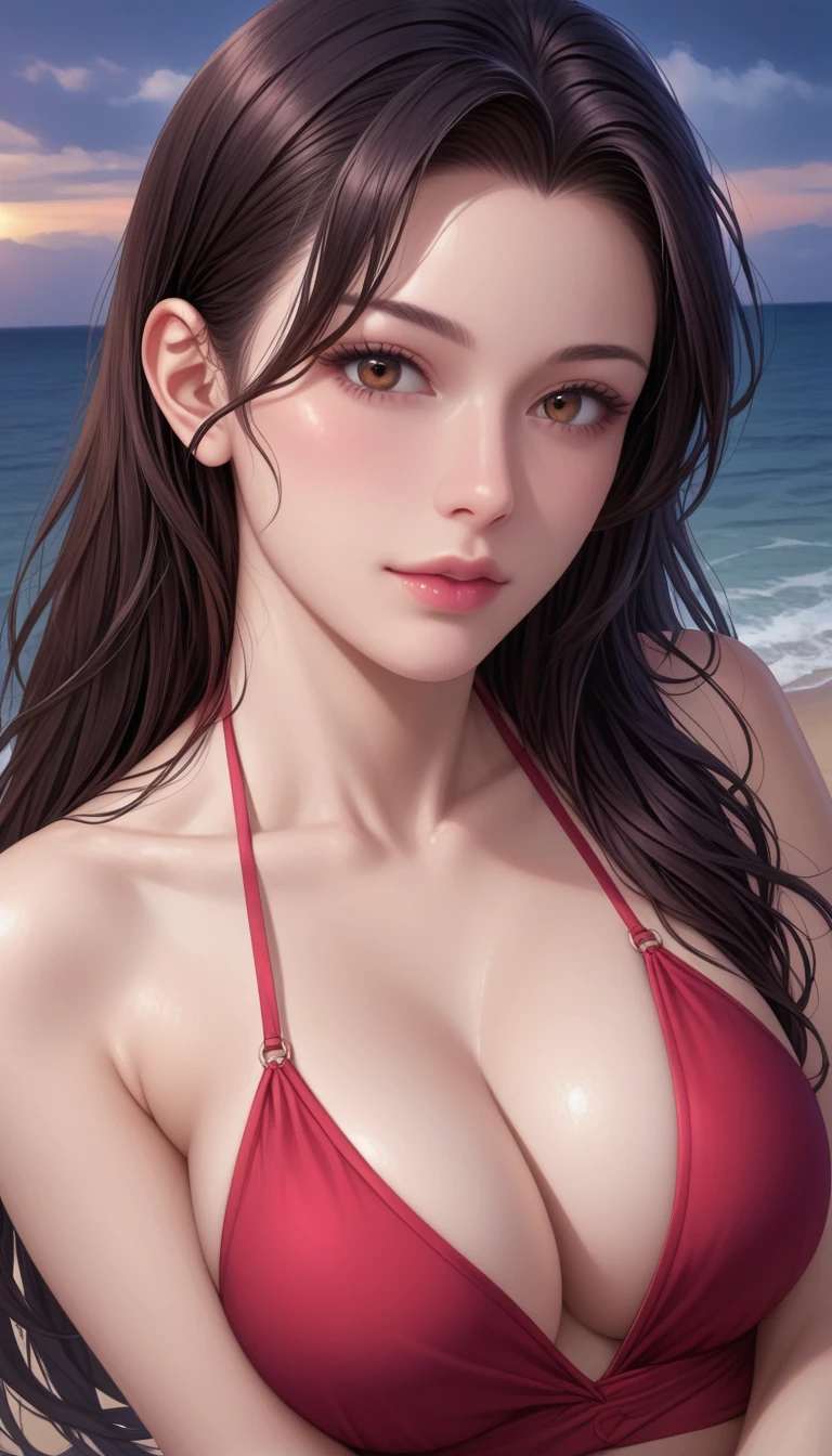 score_9, score_8_superior, score_7_superior, High-resolution CG illustration,A masterpiece in 32K resolution,Highest quality,it is really amazing,Very detailed,Ultra-high resolution,Ultra-realistic,Realistic,Increased depth of field,Cinematic lighting,
Sexy mature Japan woman,
Straight long hair with black hair,Showing his forehead,Ultra-detailed and beautiful face,Calm and gentle look,Beautiful brown eyes,Glossy, moisturized skin,Translucent white skin,Realistic skin texture,Great proportions,
Elegant red swimsuit,
Simple design,Chic color scheme based on red,Detailed fabric texture,
(Dark overcast sky on a dull night:1.1),(Dark clouds filling the sky:1.1),Thundercloud,Coastline at night,Stormy seas,delay々A desolate sandy beach that continues,
Beautiful cleavage,(High angle:1.1),