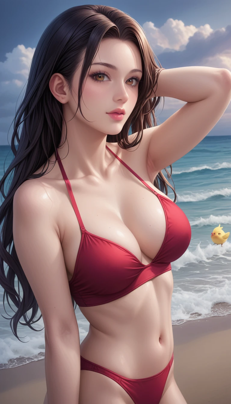score_9, score_8_superior, score_7_superior, High-resolution CG illustration,A masterpiece in 32K resolution,Highest quality,it is really amazing,Very detailed,Ultra-high resolution,Ultra-realistic,Realistic,Increased depth of field,Cinematic lighting,
Sexy mature Japan woman,
Straight long hair with black hair,Showing his forehead,Ultra-detailed and beautiful face,Calm and gentle look,Beautiful brown eyes,Glossy, moisturized skin,Translucent white skin,Realistic skin texture,Great proportions,
Elegant red swimsuit,
Simple design,Chic color scheme based on red,Detailed fabric texture,
(Dark overcast sky on a dull night:1.1),(Dark clouds filling the sky:1.1),Thundercloud,Coastline at night,Stormy seas,delay々A desolate sandy beach that continues,
Beautiful cleavage,(High angle:1.1),