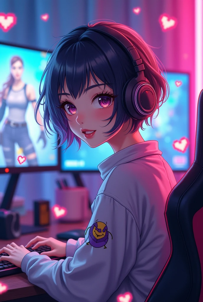 anime style woman, short hair, gamer, streamer, white, beautiful and busty