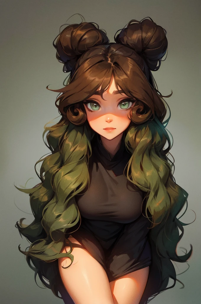 dnd faun. black and bronze ombre, curly hair. dark green eyes. casual clothes.