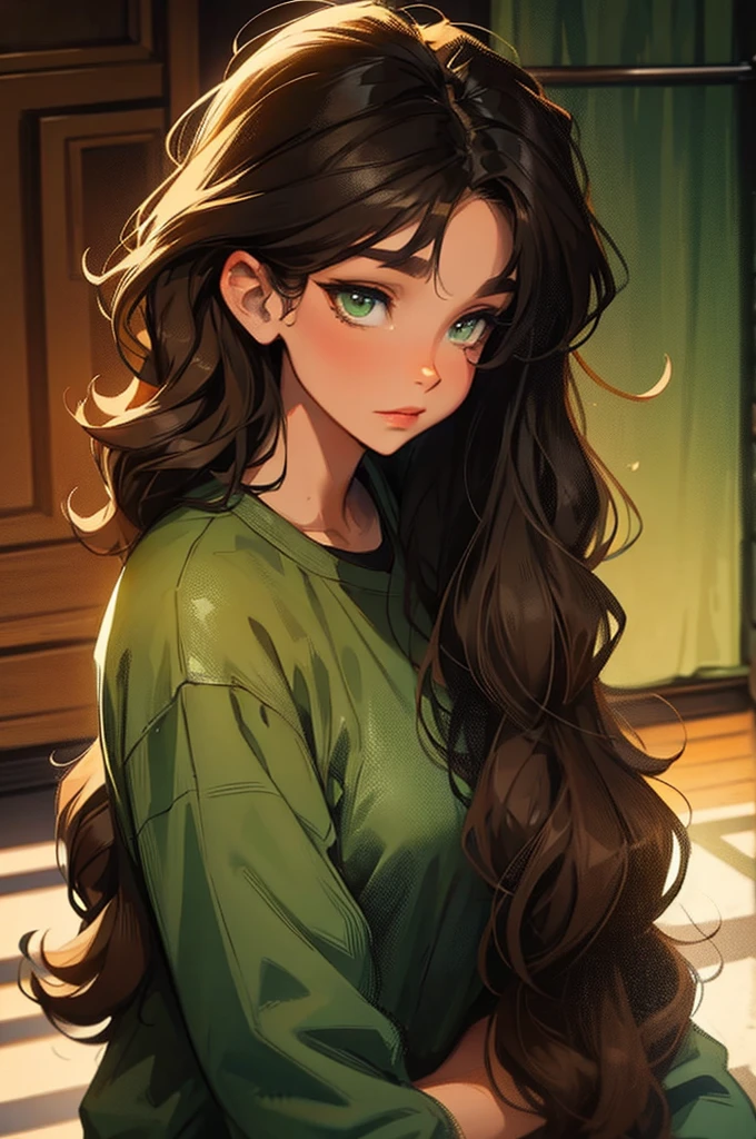 dnd faun. black and bronze ombre, curly hair. dark green eyes. casual clothes.