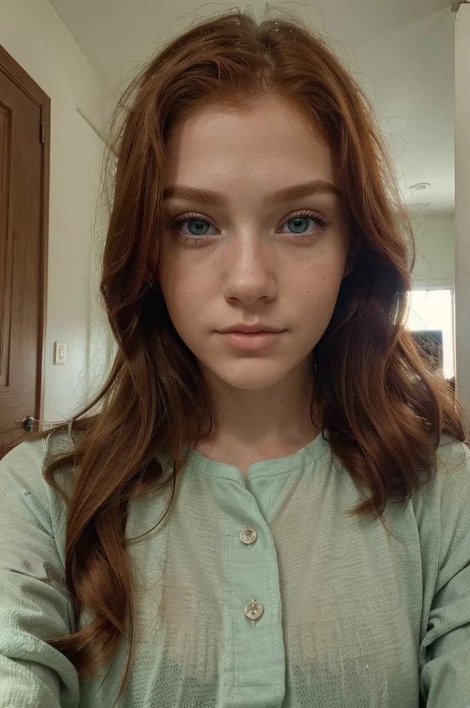 (beatiful,very realistic,16-year-old,,green eyes,redhead,realistic perfect face,more details in face and clothing)She taking selfies