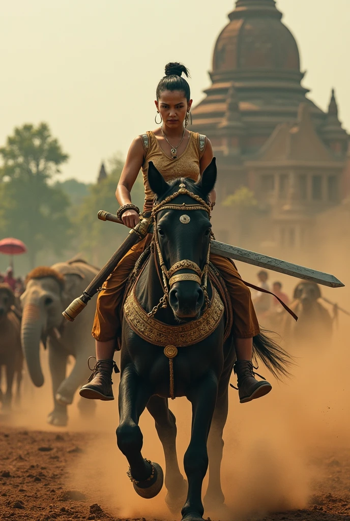 #FLUX
Ancient Siamese female warrior. She has a very short ancient Thai hairstyle. She is full of strength, wearing a chest cloth, loose trousers and carrying a large Thai sword. Riding a horse on an Ayutthaya battlefield nearby, with ruins of an ancient temple and an ancient Siamese village visible in the distance. An image of a royal elephant fighting in the background. Realistic photo. Still from a movie. Movie. Movie.
