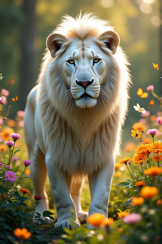 Un lion blanc dans un jardin 