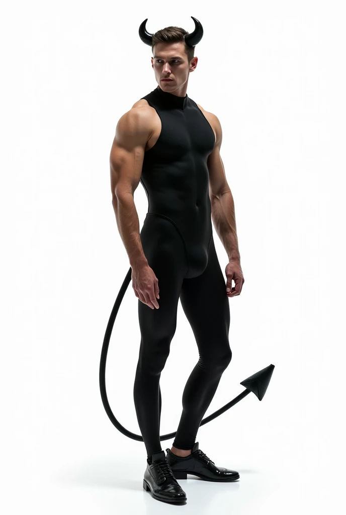 Best image quality, Ultra-high resolution, photograph,1 male,Black bodysuit,Black devil's tail,White background,Black devil's ears
