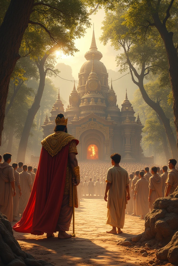 King Gunadhipa, dressed in royal attire, arrives at the temple with the young man. They both stand in front of the temple, preparing to witness the divine encounter."
