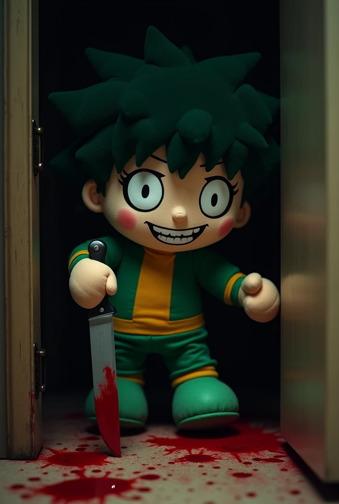 Midoriya Izuku doll, Midoriya Izuku is holding a knife, the doll is covered in blood, the doll is peeking out of a dark closet, there is blood at the doll's feet, The doll is smiling, The doll has anime style, The doll is made of plush..

