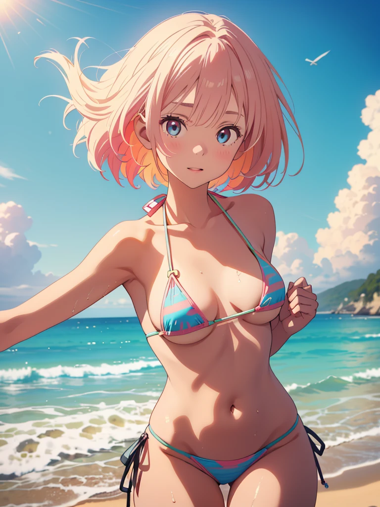 (:1.4),(Very Young Face), (japan Person femes idol), 1girl, (medium Breast:1.4),)(pink nipples:1) Stroll along the seaside, sunshine, (masterpiece:1.0),(best_quality:1.0), ultra high res,4K,ultra-detailed, photography, 8K, HDR, highres, (perfect anatomy:1.4),(Beauty of form:1.4) (Golden ratio), (loraeyes),(big eye), (odd eye:1.4), (rainbow hair:1.4),(floating hair),(liquid clothes:1.4), (water:1),(liquid micro bikini:1.4)