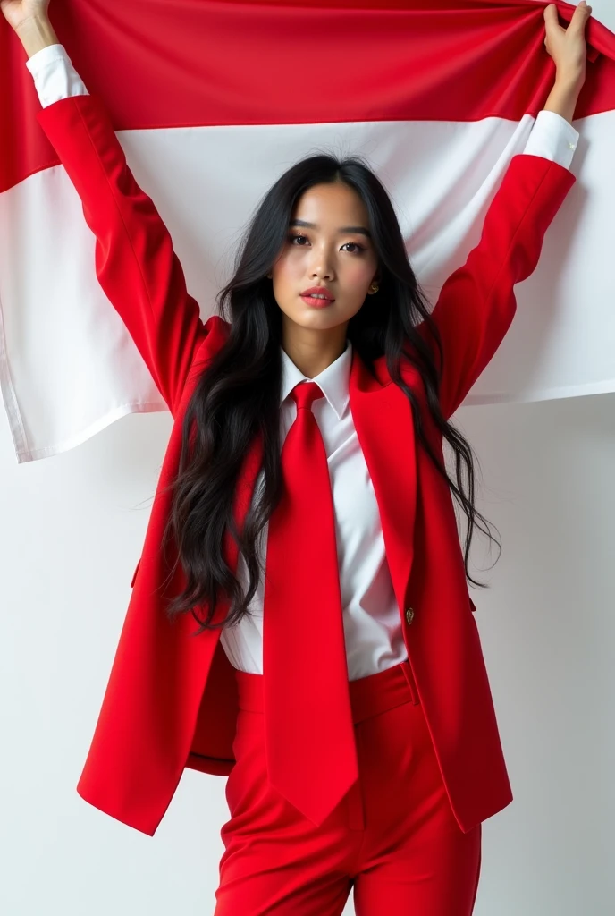 Female model, beauty, long hair, black hair, Earring, blazer red, shirt, tie red, hold the indonesian flag, white background