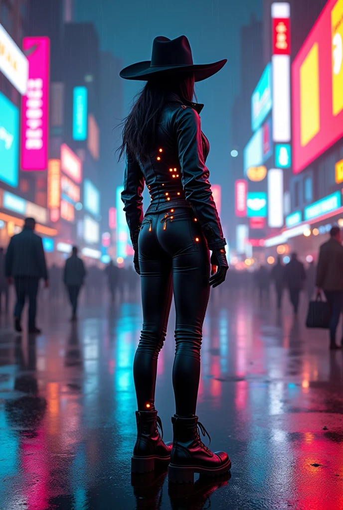 a handsome cowgirl, cyberpunk style, hood, neon lights, high-tech clothing, 