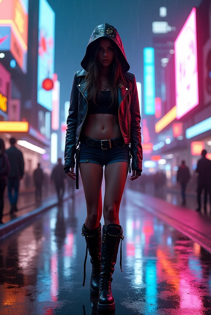 a handsome cowgirl, cyberpunk style, hood, neon lights, high-tech clothing,